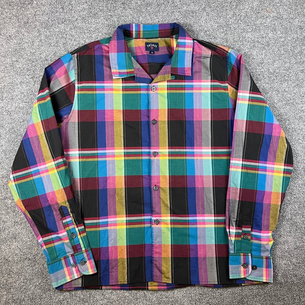 Noah NYC Shirt Mens XL Madras Plaid Long Sleeve Button Up Camp Loop Collar